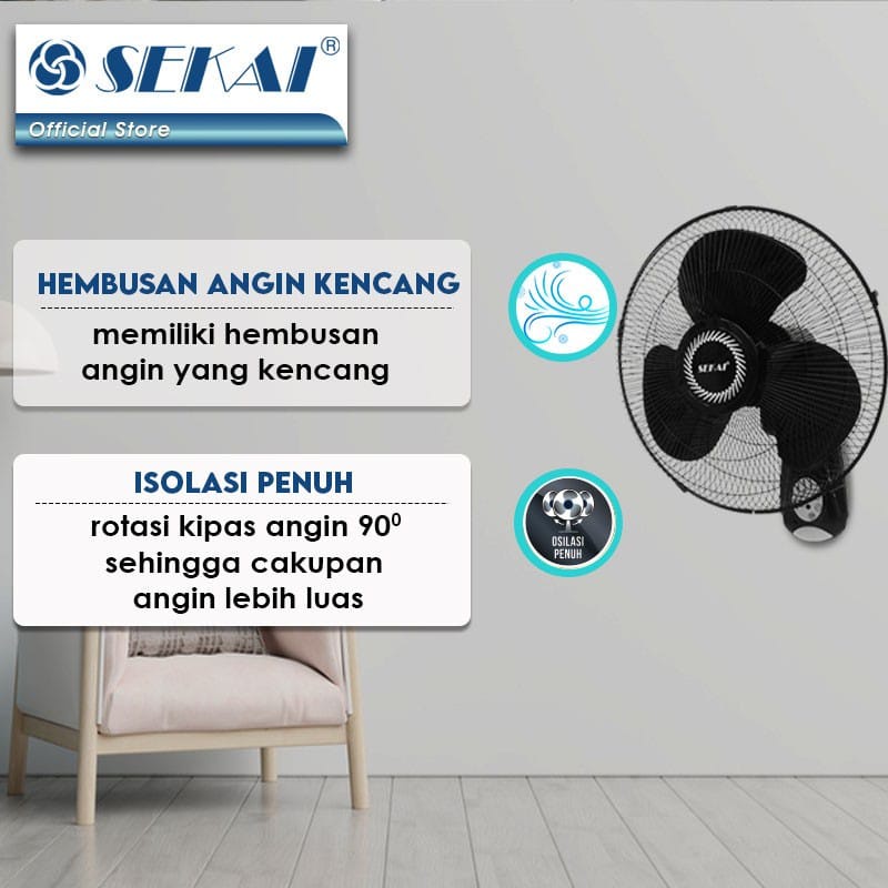 Kipas Angin Dinding Remot / Wall Fan SEKAI 16 Inch Hitam  - WFN1628 / 1FN 1628