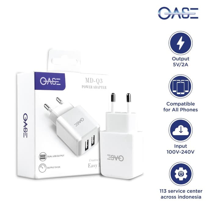 Kepala Charger OASE Power Adapter MD-Q3 Dual USB Fast Charging 5V/2A - Original Garansi Resmi