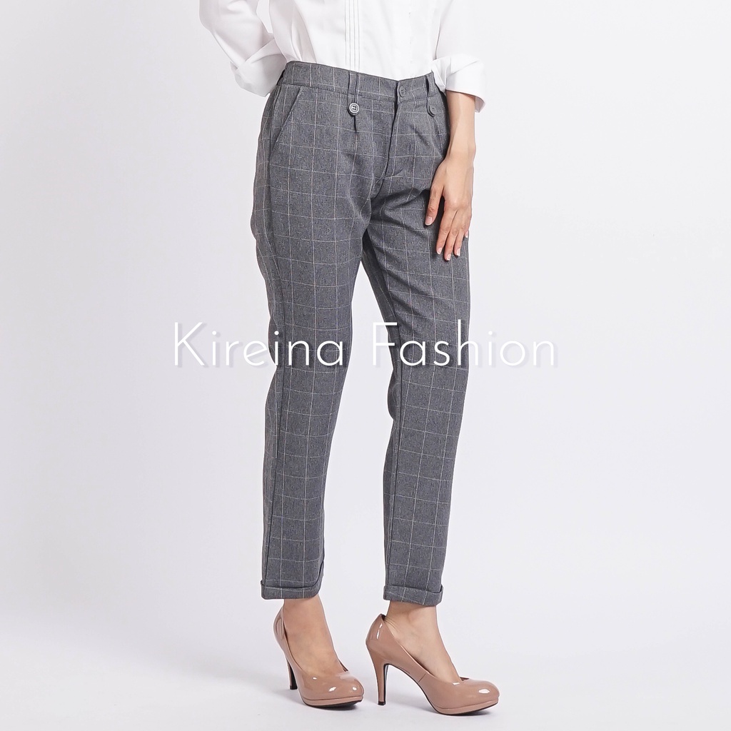 Celana Kotak Wanita Celana Kerja Wanita Baggy Pants Celana Tartan Bahan gabardin | Kireina Fashion