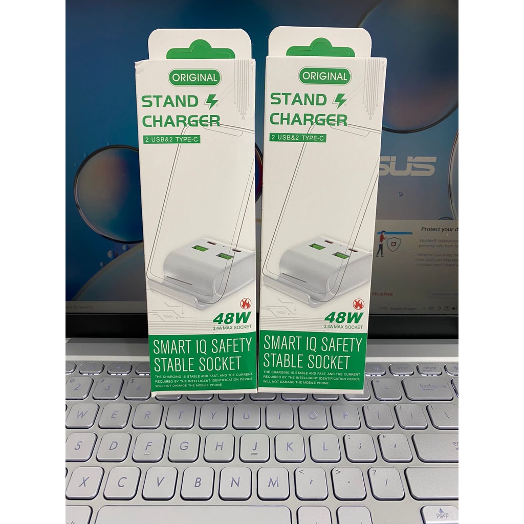 Adaptor Colokan Listrik Standing Hp 2USB 2PD 48 Watt 3.0A Fast Stand Charger Stable Pocket