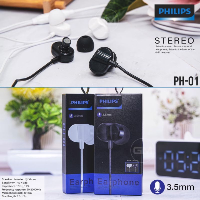 HEADSET PHILIPS PH-01 EXTRA BASS HANDSFREE PHILIPS PH01 BASS EARPHONE PHILIPS PH01 EXTRA BASS