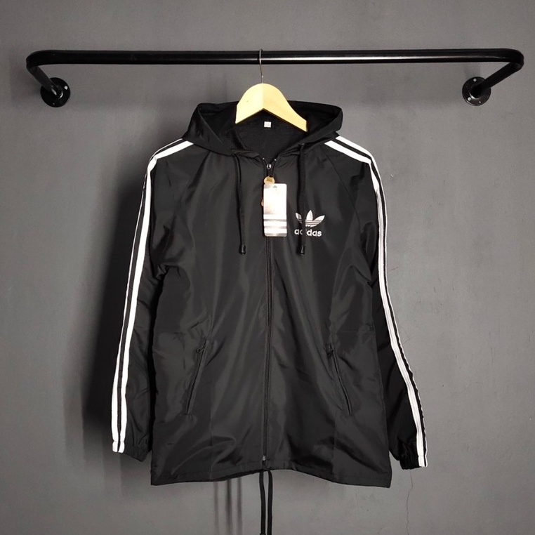 Jaket Pria Parasut Adidas Windbteaker Hitam List Putih XL XXL - Jaket Parsut Jumbo - Jaket Olahraga - Trendy Pria Wanita Sauna Joging Murah Pembakar Lemak Running Pelindung Uv Essentials Hoodie Windbreaker