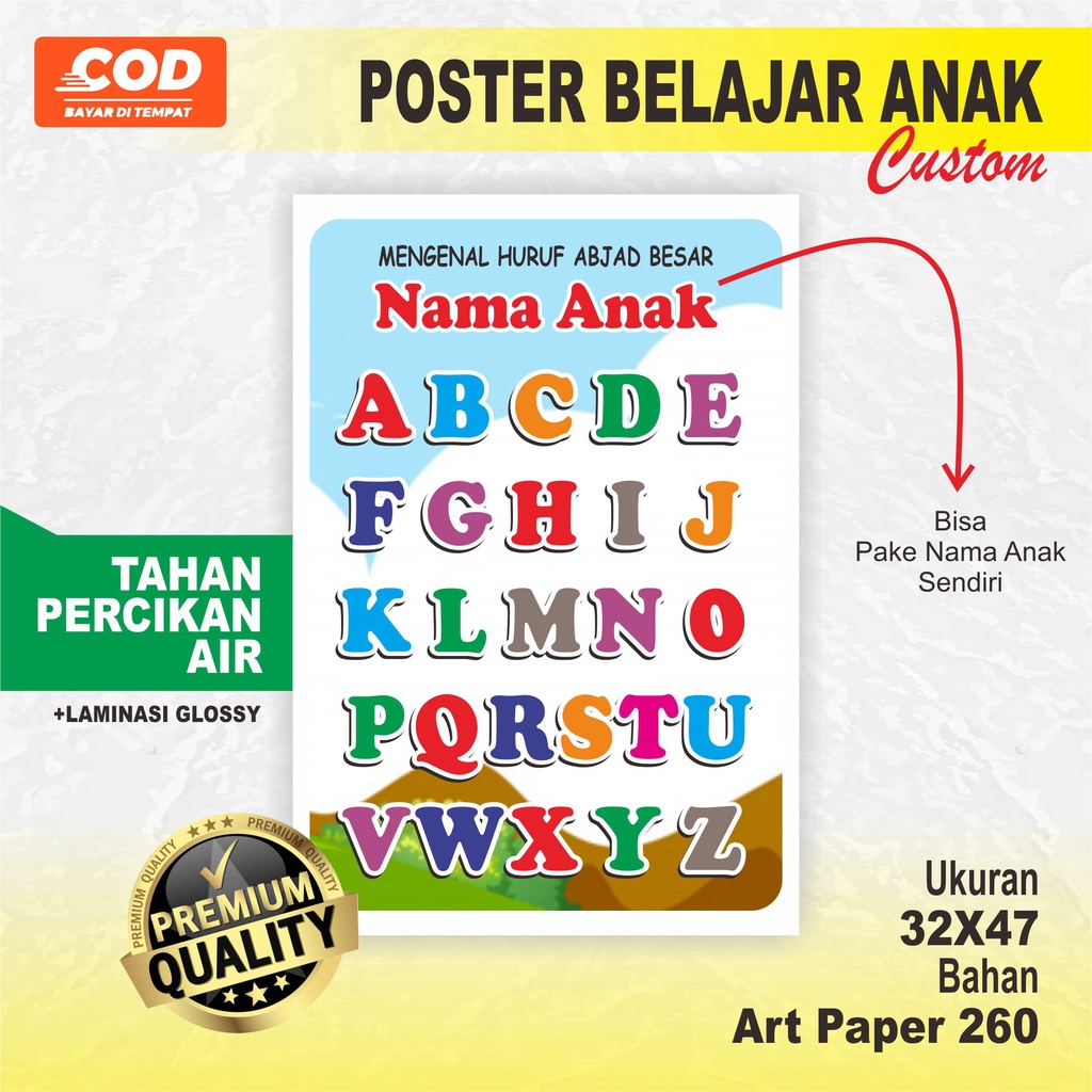 

(Bisa Custom) Poster Anak/Poster Belajar Anak PAUD & TK/Poster Abjad & Huruf/Bisa Pake Nama Anak Sendiri