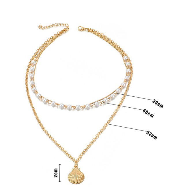 LRC Kalung Gold Scallop Artificial pearl Multilayer Necklace D53737