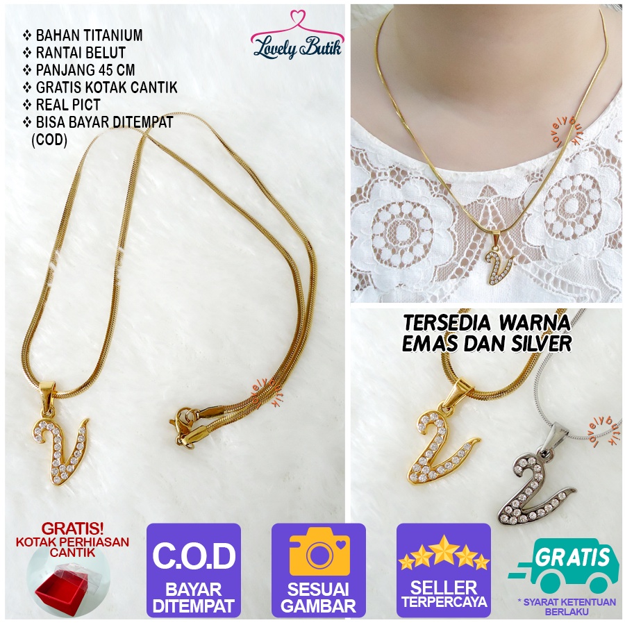 Lovelybutik Honey Kalung Inisial Huruf Titanium Anti Karat Kalung Hurup Abjad Alphabet Ins V Klasik  BONUS KOTAK PERHIASAN