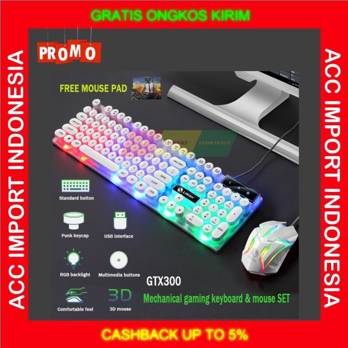 Keyboard Gaming Mechanical Mouse LED RGB Combo Bundle White PC Laptop - Putih