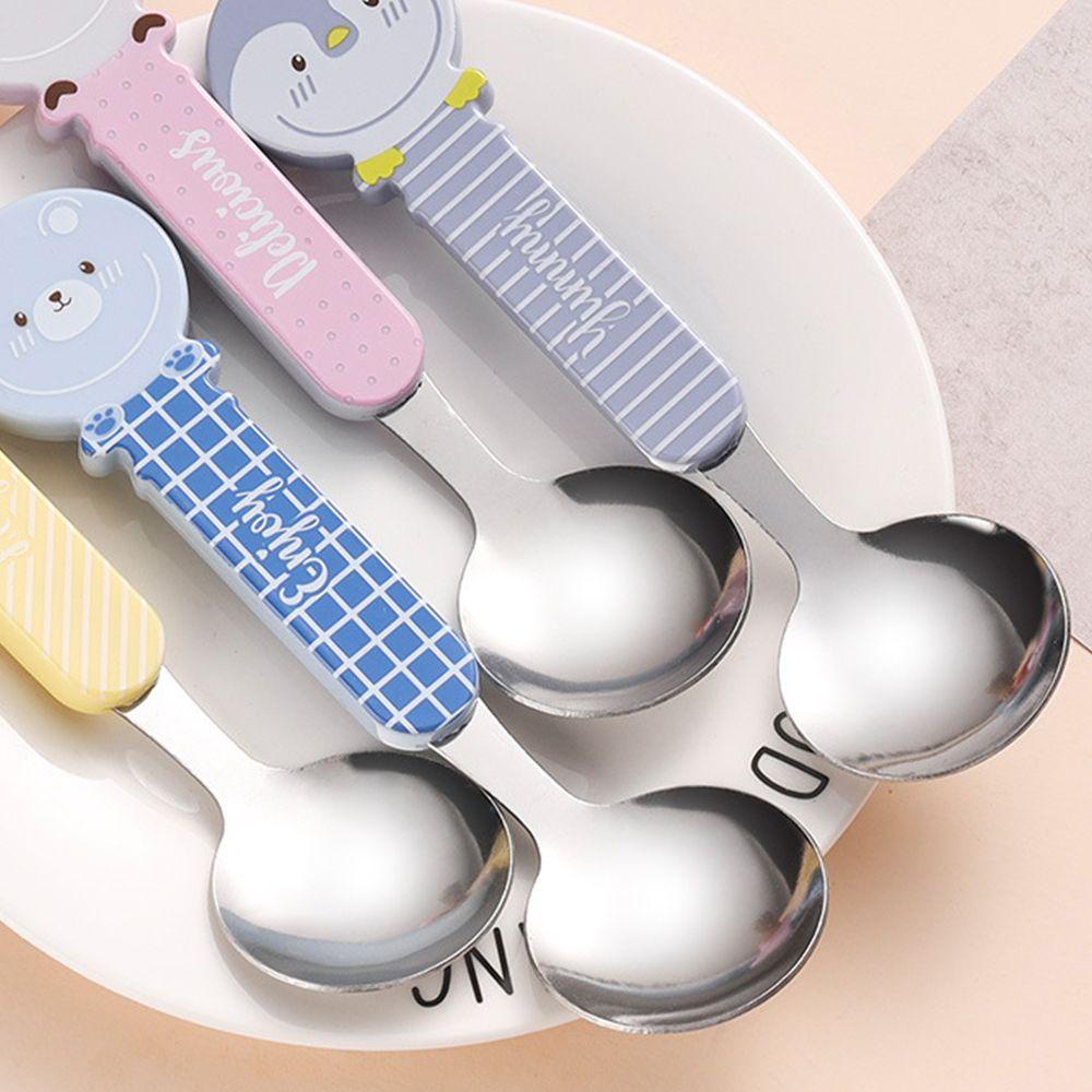Solighter 2Pcs/Set Peralatan Bayi Bentuk Kartun Stainless Steel PP Handle Sendok Garpu Anak