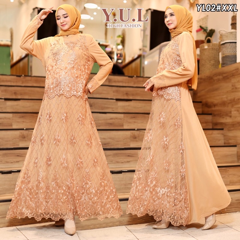 gamis yul brokat coklat muda yl02