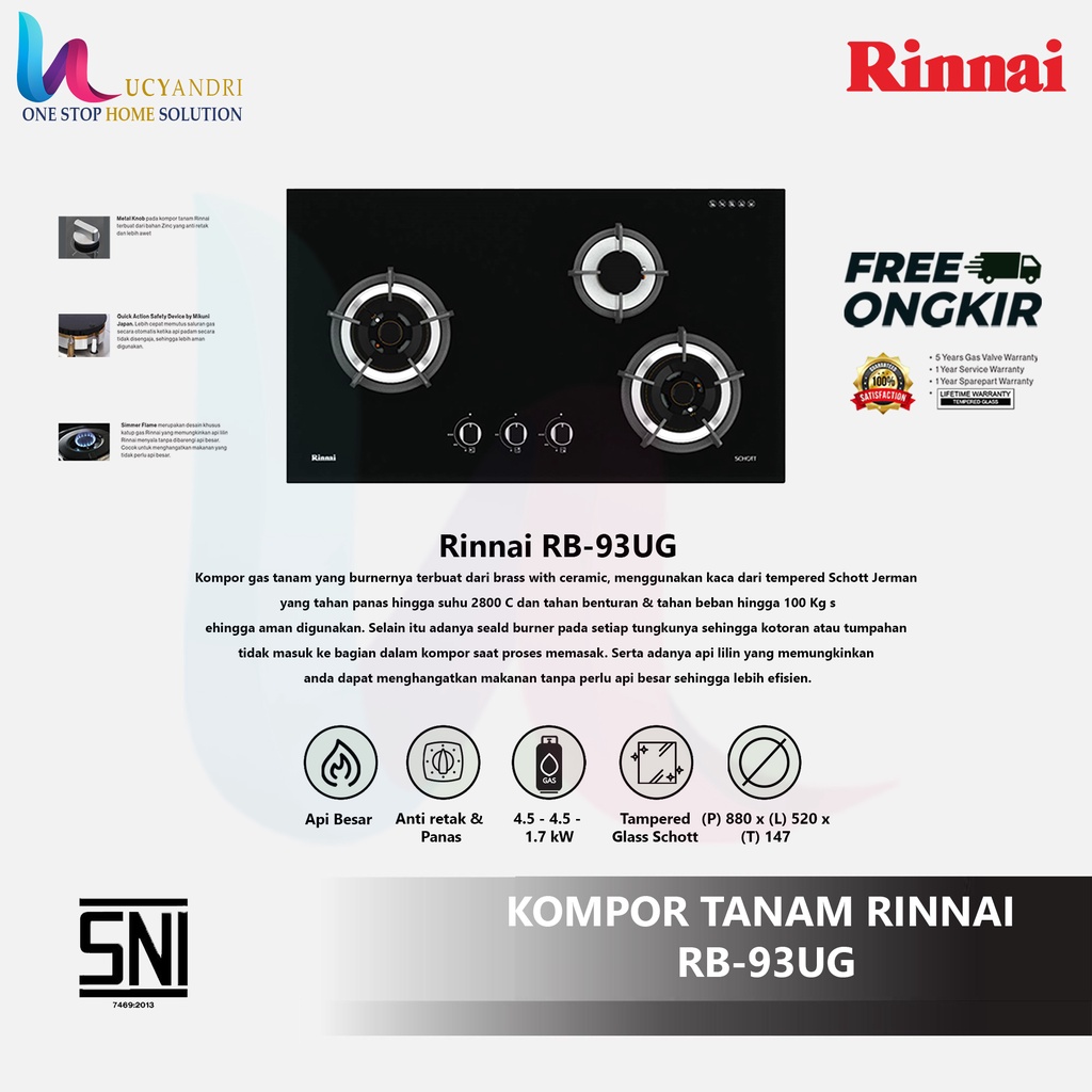 Rinai Kompor Gas Tanam 3 Tungku Rinnai RB-93UG / RB 93 UG FREE ONGKIR