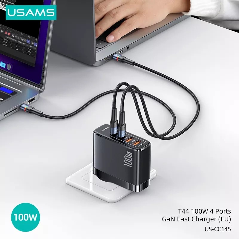 USAMS CHARGER 100W GAN 4 PORT CHARGER LAPTOP HP MACBOOK QUICK CHARGER PD 3.0 / PPS/SCP/FCP/AFC/APPLE2.4