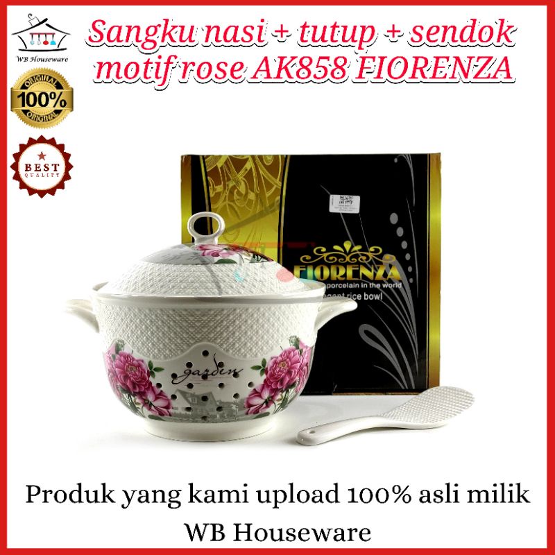 sangku nasi keramik fiorenza dengan tutup motif rose AK-858