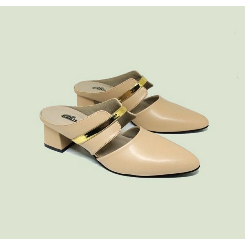 COD / Higheels Wanita Alonaid Big Size 41-45 Slop Bustong Cewek Dewasa JUMBO Kulit Krem Hitam, 44