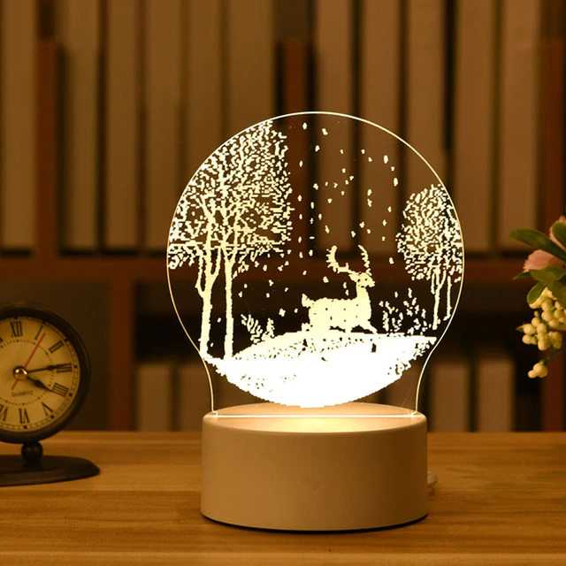 Lampu Tidur 3D LED Transparan Design Elk Tree Warm White Lamp Hiasan Dekorasi Ruang Tamu Kamar Tidur Berkualitas