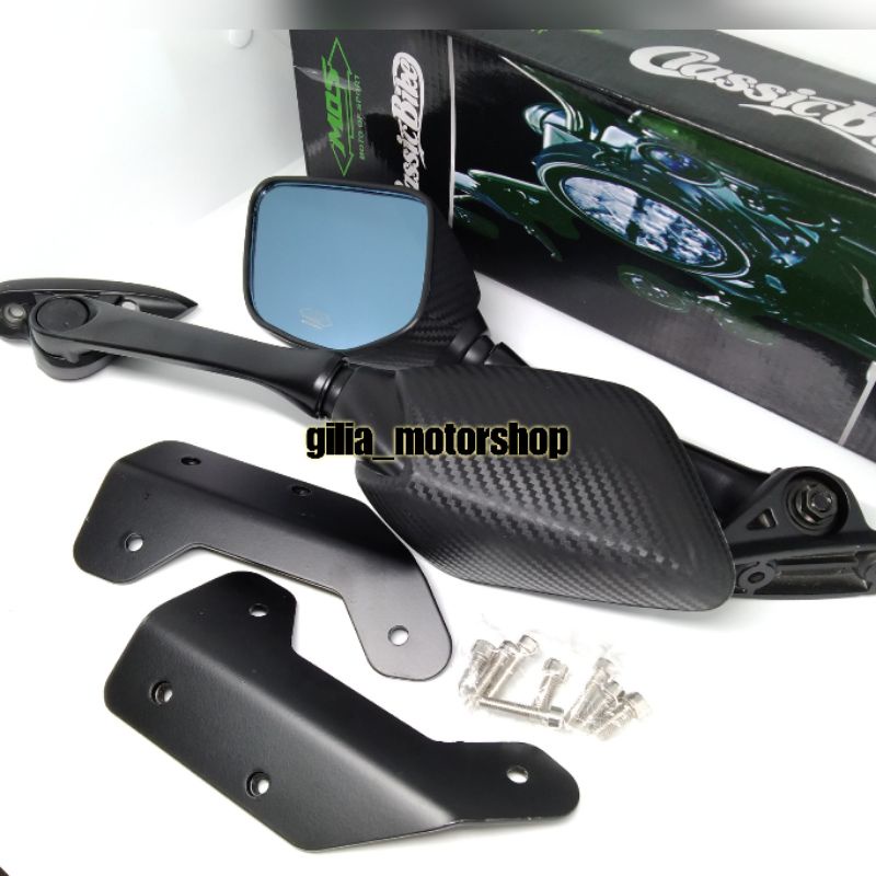 Spion R25 Carbon Tangkai Panjang Mirror Biru plus Breket Yamaha Nmax 155 Old