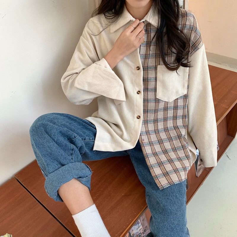 Kemeja Corduroy Lengan Panjang Motif Kotak-Kotak Gaya Korea Untuk Wanita