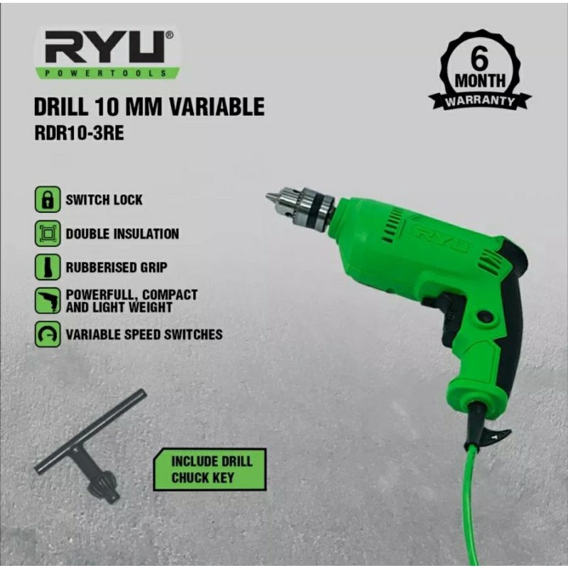 Ryu Mesin Bor Ryu RDR 10-3RE Bolak Balik &amp; Variabel Speed Bor Listrik 10mm