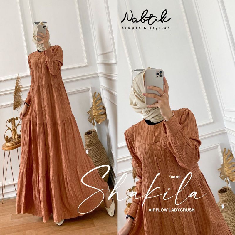 Shakila Maxy Dress Gamis Crinkle Airflow Lady Crush Premium Full Kancing-Shakila coral
