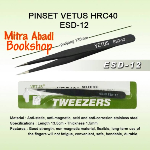 Pinset/Tweezer Vetus HRC40 ESD 12 ESD 13 ESD 15 Hitam