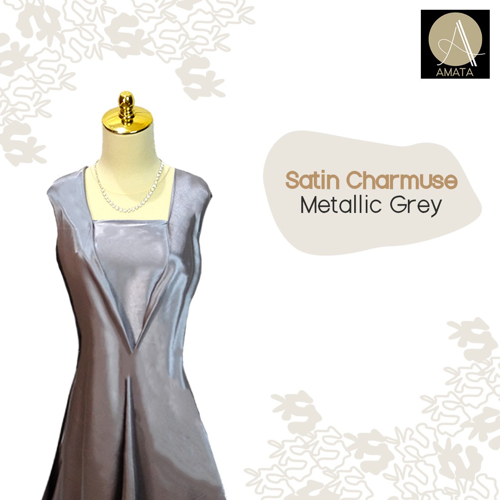 1/2 meter Kain Satin Charmuse / Sateen Silk Premium Metallic Grey Amata