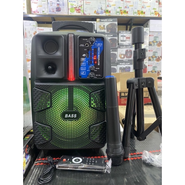 PAKET SPEAKER FLECO TERBARU F8809led FREE MIC WIRELESS + stand + remote control mantap