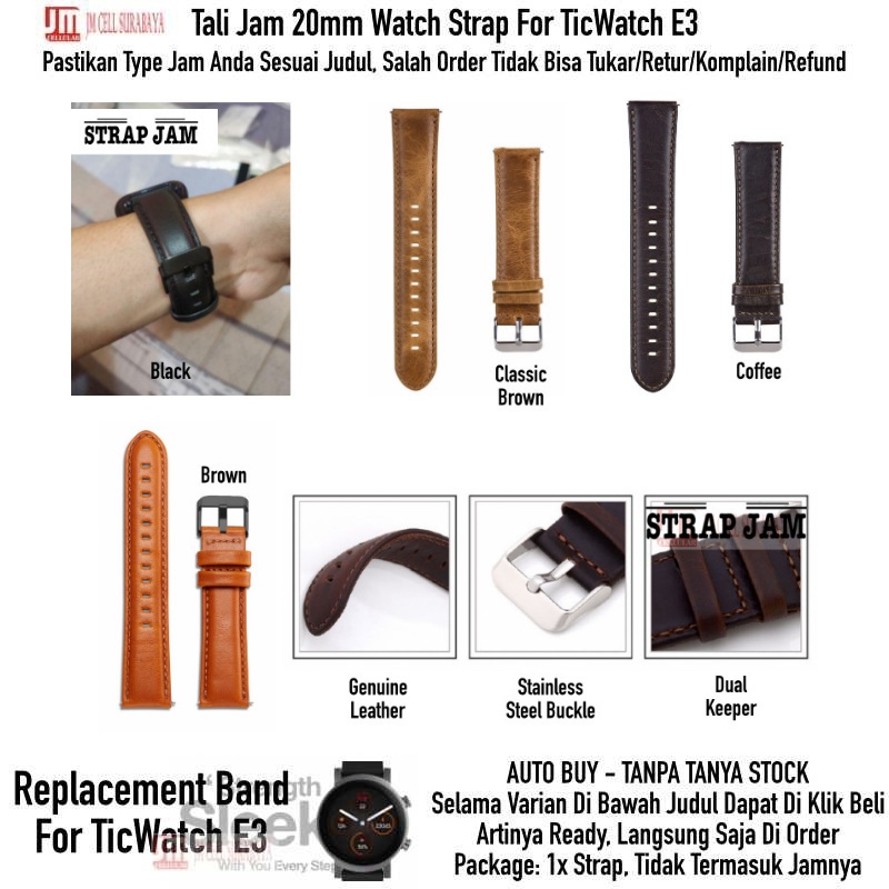 Genuine Leather Strap Mobvoi TicWatch E3 - Tali Jam Tangan Kulit 20mm With Black Buckle