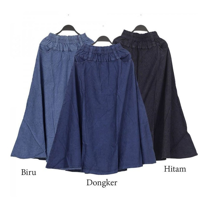 COD Etude Rok Jeans Payung panjang Size Big Jumbo Karet Melar/ ROK KLOK / FLARE SKIRT-Biru