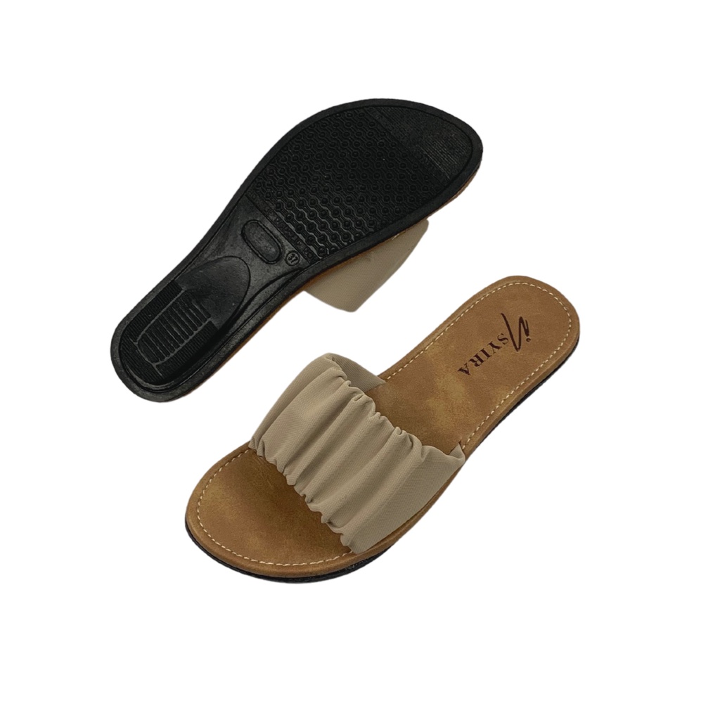 Sandal Wanita Kekinian Selop Kerut Sylvia / Sandal Selop Wanita Non Slip Alas Krem