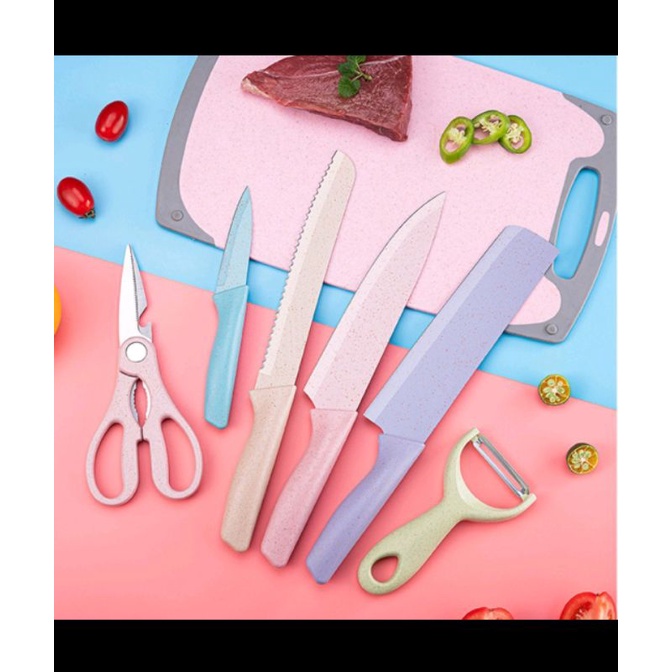 pisau SET macaron Warna warni anti lengket 6in1 gunting peeler