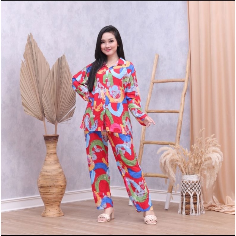 One Set Daily Pajamas Rayon Celup Tie die Stelan Wanita-Redbery