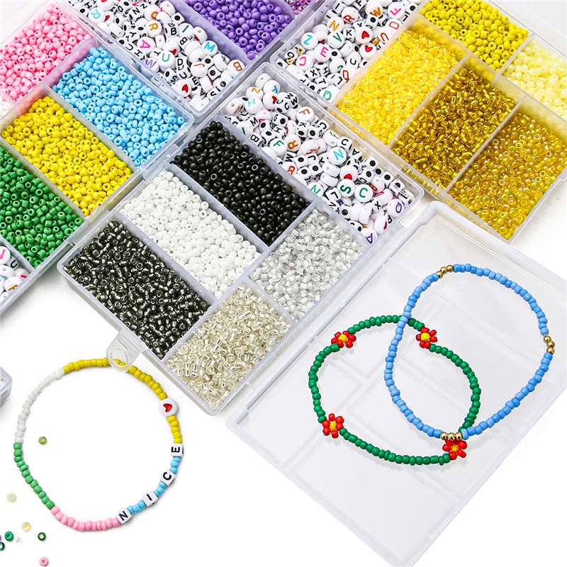 3500Pcs/box 3mm Glass Seed Beads Plastic Alphabet Letter Heart Beads with 5M Elastic Cord Mix Kits For Jewelry DIY Bracelet Make