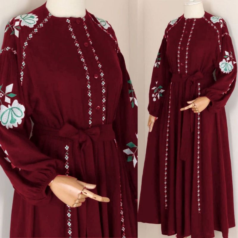 Baju Gamis Muslim Syar'i Lebaran Terbaru 2022 2023 Maxi Mawarni Mewah Elegan Pinggang Ikat Kekinian
