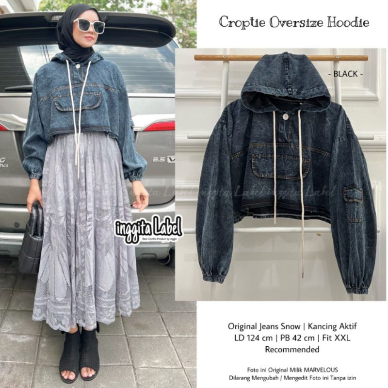 CROPTIE OVERSIZE HOODIE BY INGGITA LABEL / Hoodie JEANS WANITA MUSLIMAH / Atasan jeans kekinian