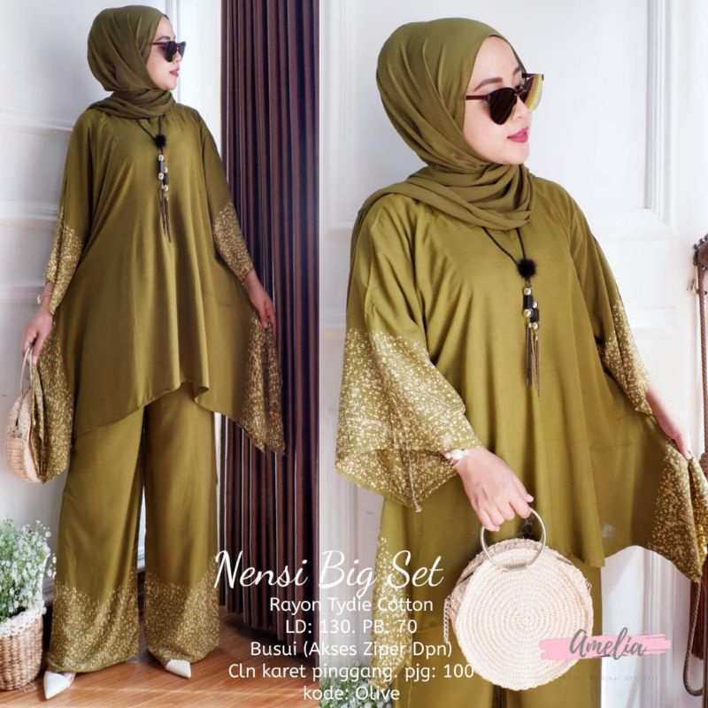 Nensi Big Set - One Set Jumbo Rayon Batik Premium Waka Waka Setelan Wanita Celana Panjang Set Bigsize LD 130 cm