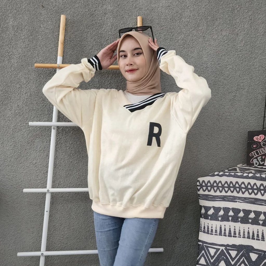 R VNECK Oversize Sweater Crewneck Oblong FLEECE-Atasan Modis Blouse Wanita Terkini Korean Style