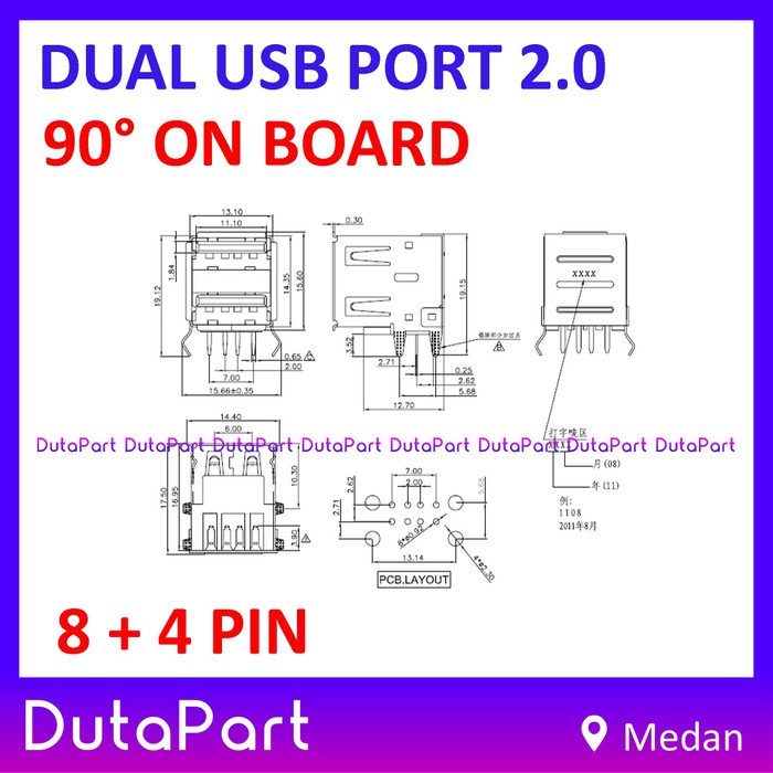 Socket DUAL USB Port 2.0 Female PCB Mount 4 Pin 90 Soket Konektor