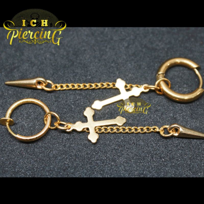 terbaru anting Hoop model Salib 02 rantai bandul gold / anting tindik dan jepit warna gold titanium / ICH PIERCING