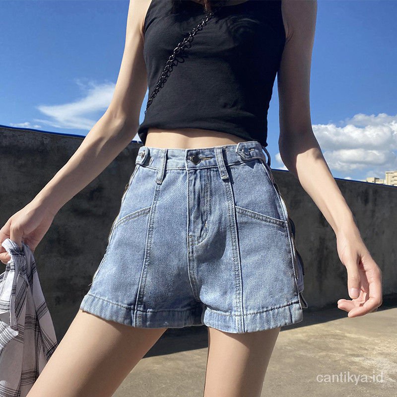 Celana hotpants jeans pendek wanita korean style cewek denim dewasa Biru high waist jens pinggang tinggi import kekinian short