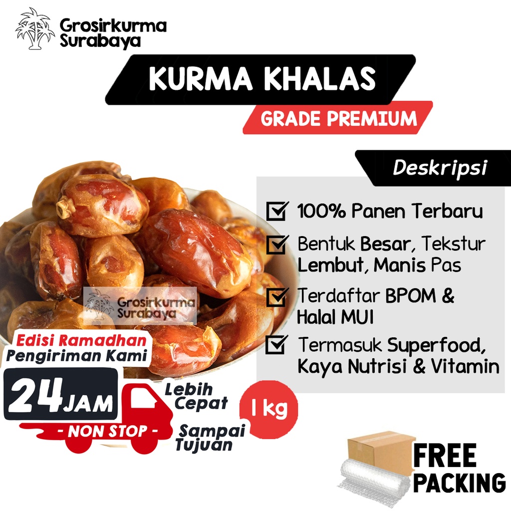 Kurma KHALAS Premium 1KG Kholas Asli Arab Saudi Untuk Buka Puasa Mesir Madu Golden Valley Sayer ASI