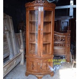 Lemari pajangan sudut ruangan pojok almari lemari rak hias pajangan kayu jati ukir jepara