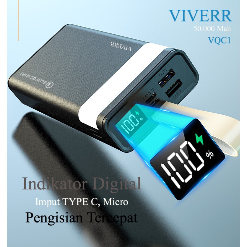 Powerbank VIVERR Real kapasitas 50.000 Mah Quick Charger 22.5W QC3.0+ PD Fast Charging Original.