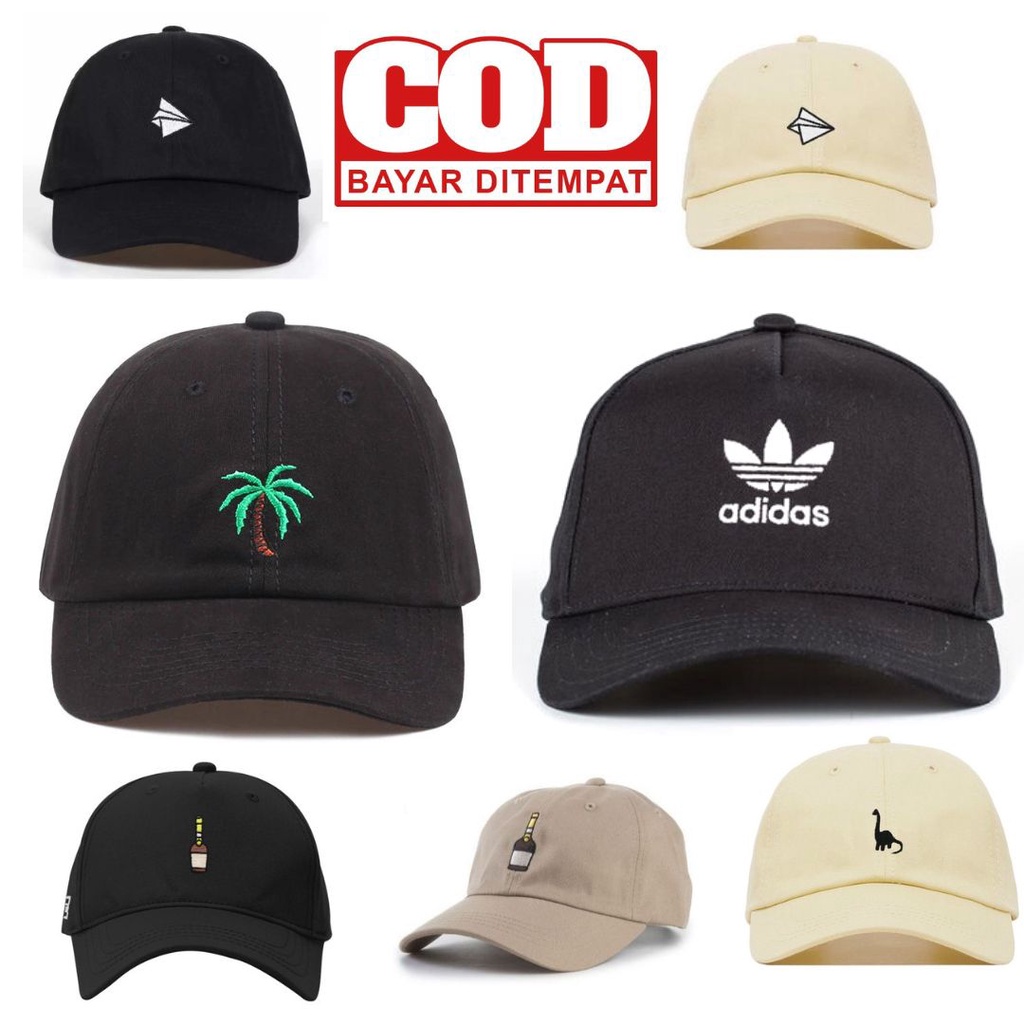 Topi Baseball Pria Wanita Dewasa Bordir BOTOL / PESAWAT KERTAS / ADIDAS / POHON KELAPA / DINO Kekinian Tali Ring Besi Kualitas Premium