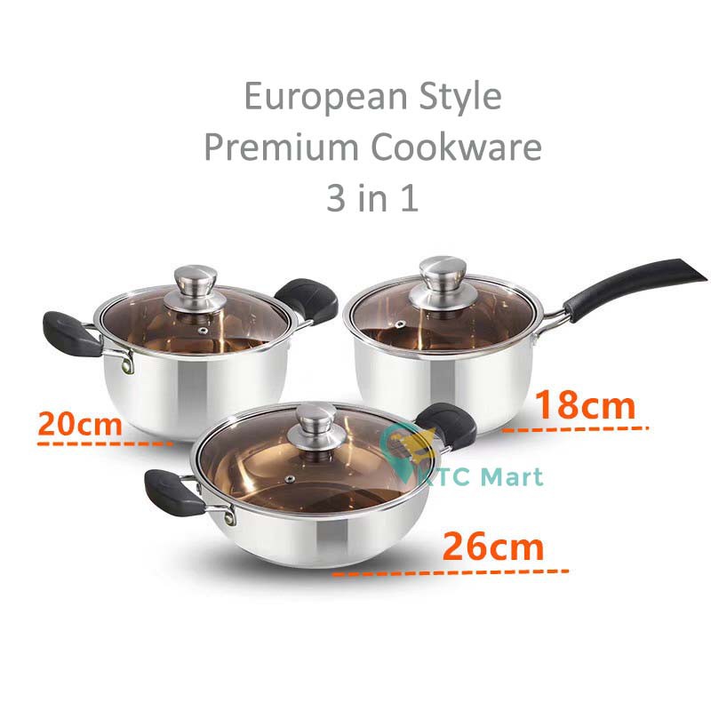 KTCmart - Panci Eropa Set 3in1 Stainless Steel 304 Tutup Kaca Premium Cookware