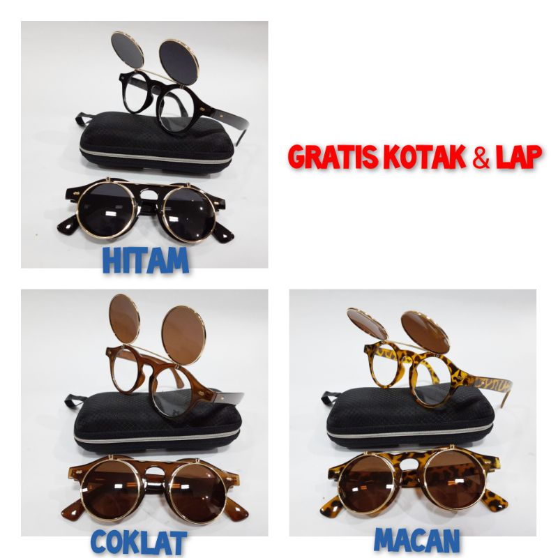 Kacamata 2 in 1 hitam bening steampunk bulat boboho clip flip up retro gaya gaul trendy model bagus