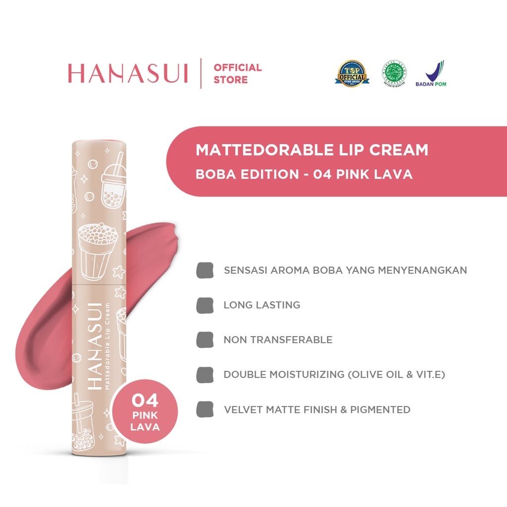 najmia Hanasui Mattedorable BOBA Lip Cream bibir blush on lip and cheek lipstik matte hanasui Boba-Boba 04 pink lava