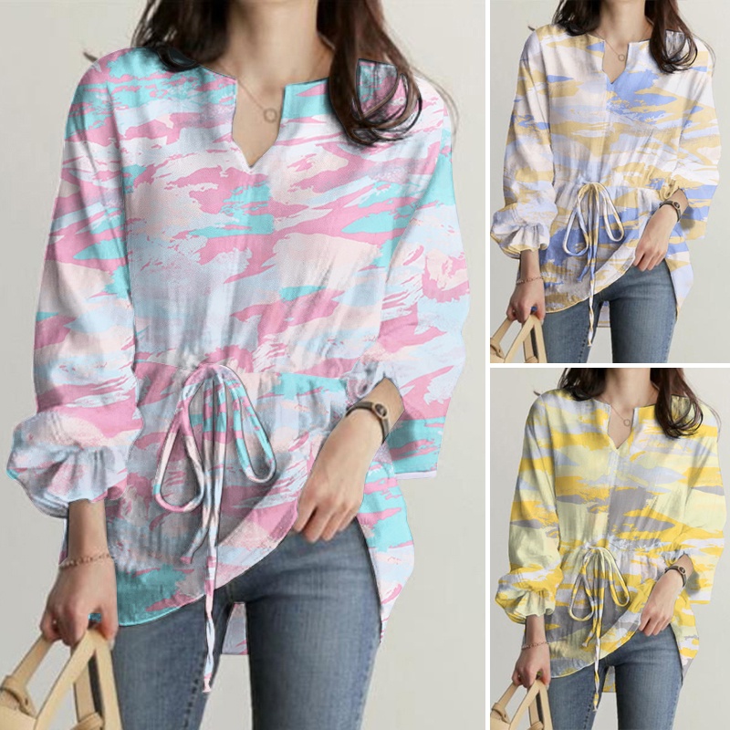 ZANZEA Spring Casual Long Sleeved V Neck Top Printed Elastic Cuff Holiday Blouse