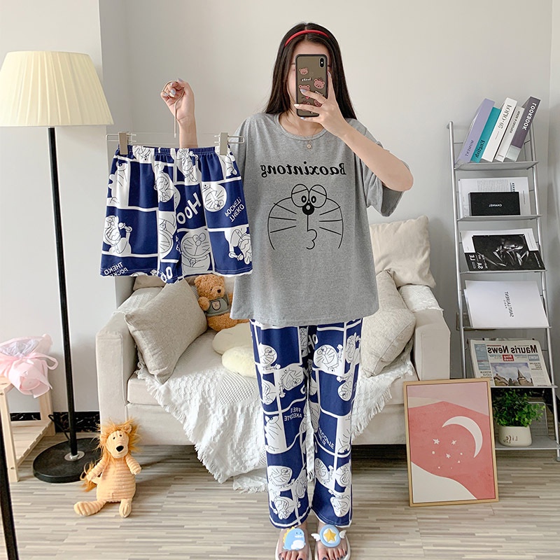 Baru set Baju Tidur Wanita Dewasa Oversize Piyama Bahan Kaos Celana Panjang & Pendek Setelan Baju Tidur 3IN1 Setelan Piyama-Grey Doraemon