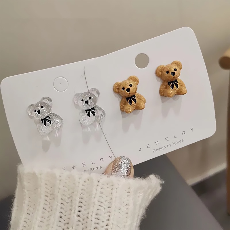 Anting Desain Kartun Beruang Coklat Bahan Resin Transparan Gaya Korea Untuk Wanita