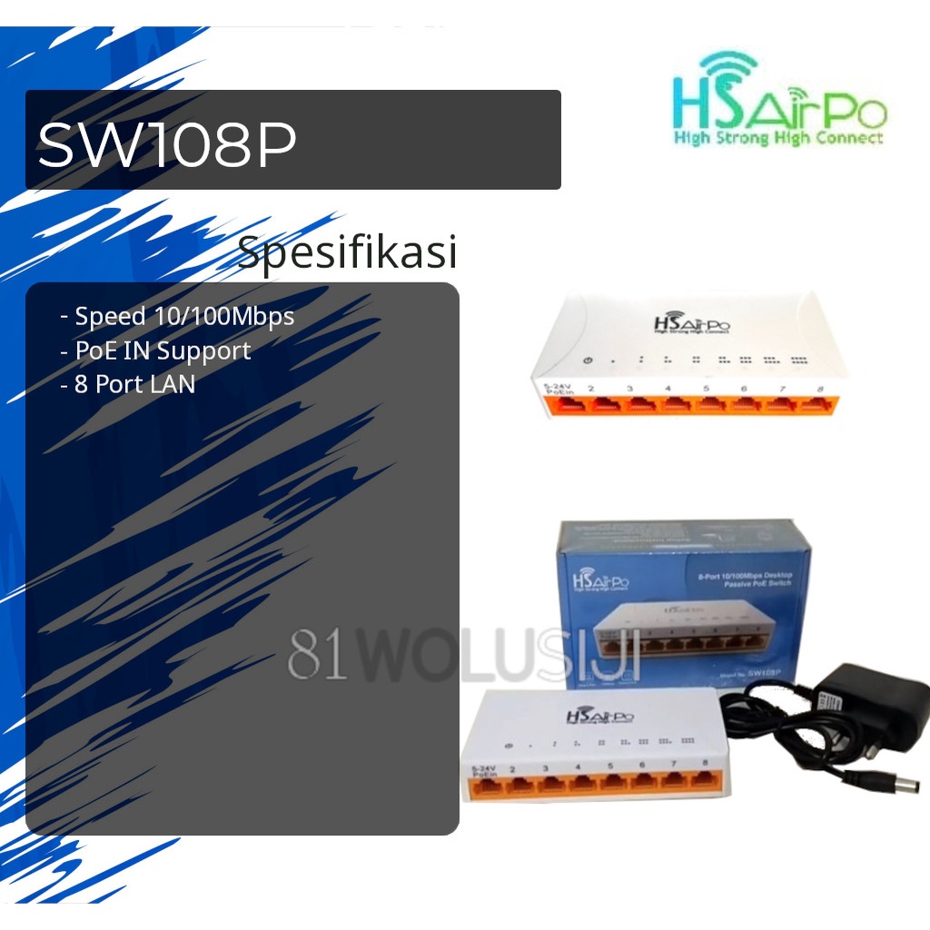 Switch/Hub HSAirpo SW108P 10/100MBPS 8 PORT - PoE Support