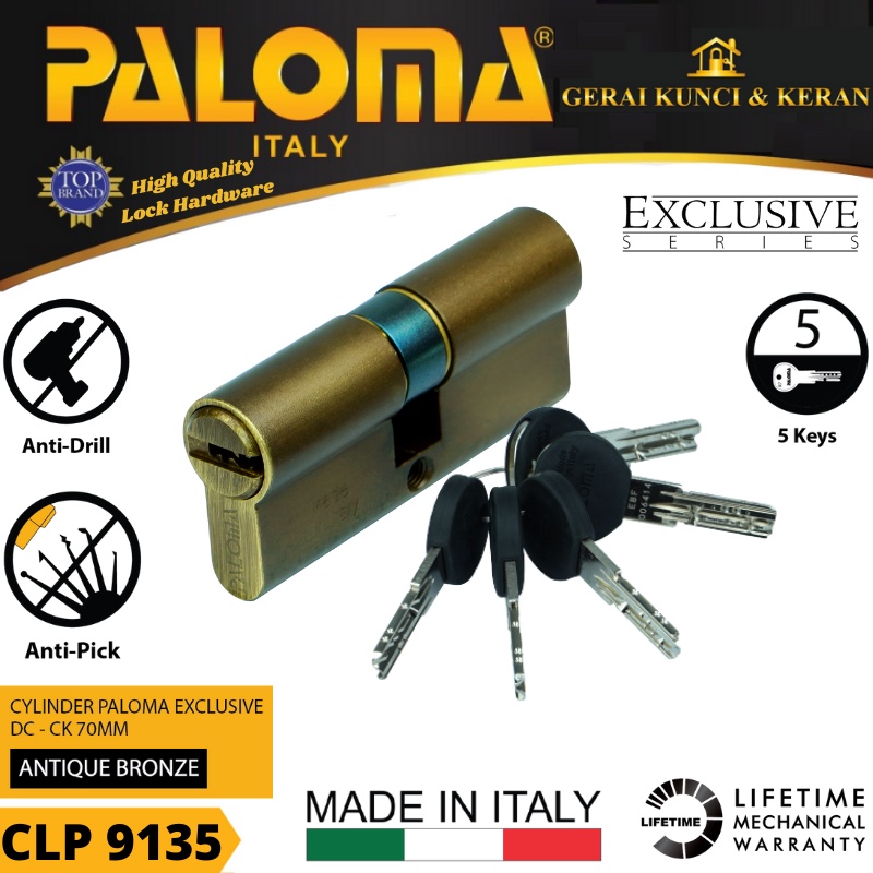 PALOMA CLP 9135 CYLINDER ITALY 70 MM EXCLUSIVE KUNCI PINTU BRASS ANTIQ BRONZE