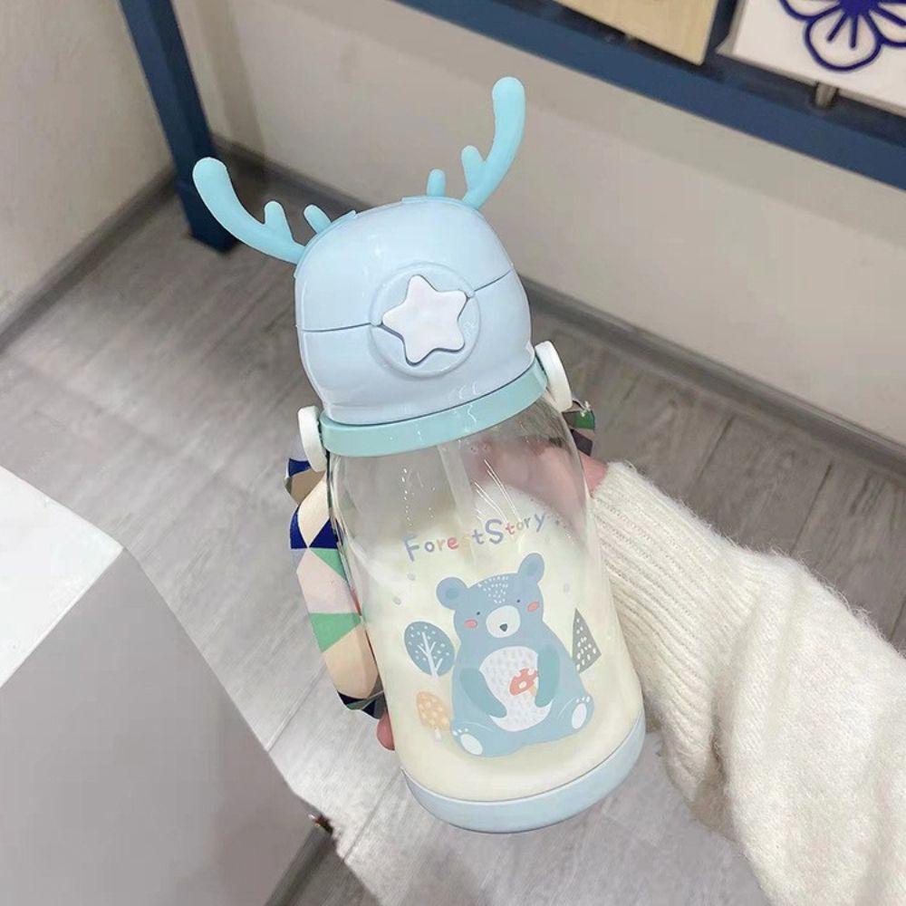 [Elegan] Antler Straw Mug Portable Lucu Ketel Plastik Musim Panas Luar Ruangan Kapasitas Besar Kebugaran Minum Tumbler